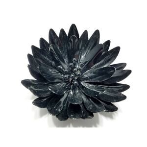 Vintage 1960s Black Enamel Flower Brooch Large Metal Daisy Copper Base